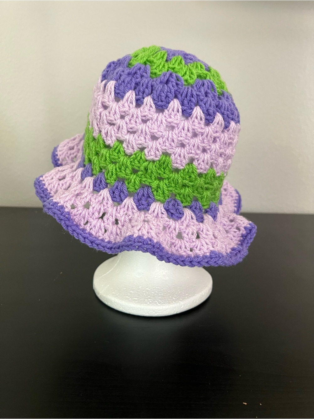 Handmade Crocheted Bucket Hat in Lavender, Green & Purple - Picture 3 of 6